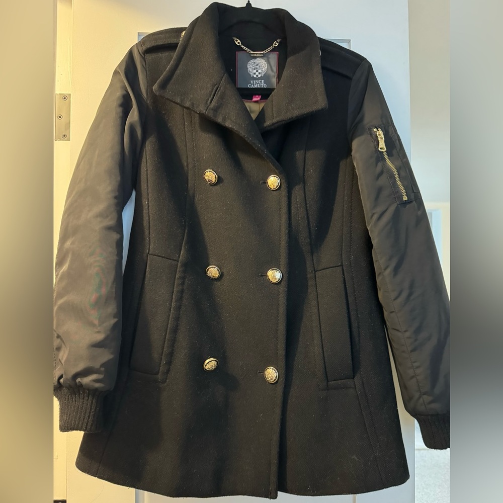 Vince Camuto, Black Military Style Pea Coat / Bomber Jacket Style Sleeves
